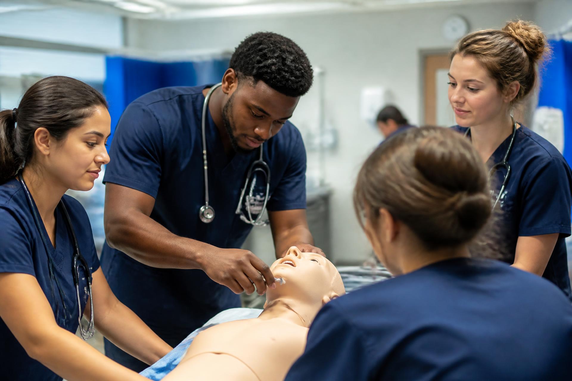 Nursing students in navy scrubs in a hospital training ward